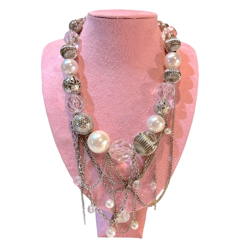 Beaded Pearl & Silver Chains‎ Drape Statement Necklace